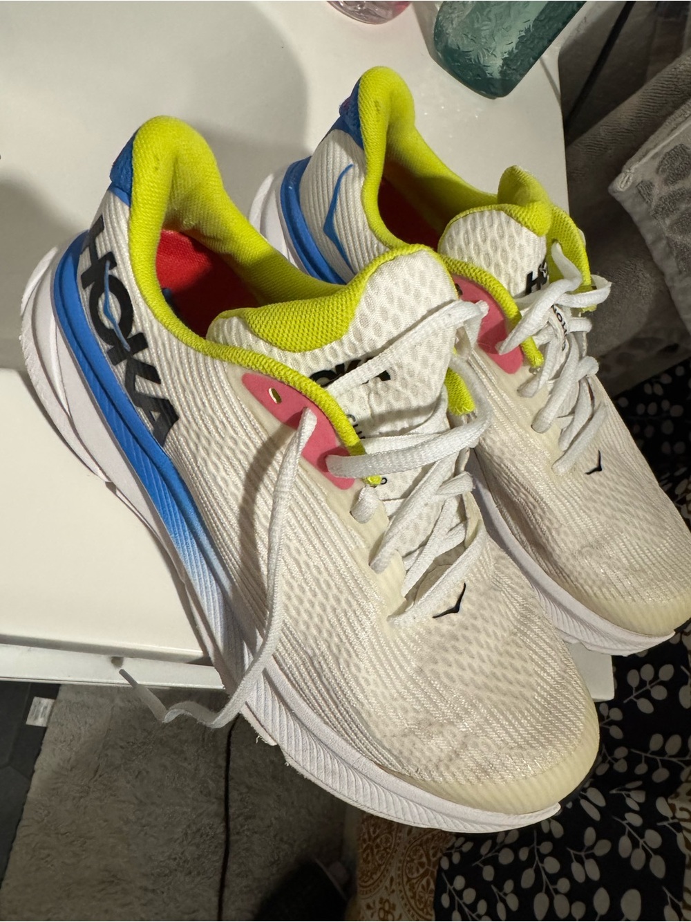 Hoka White Running Shoes with Blue, Neon Yellow & Pink Accents